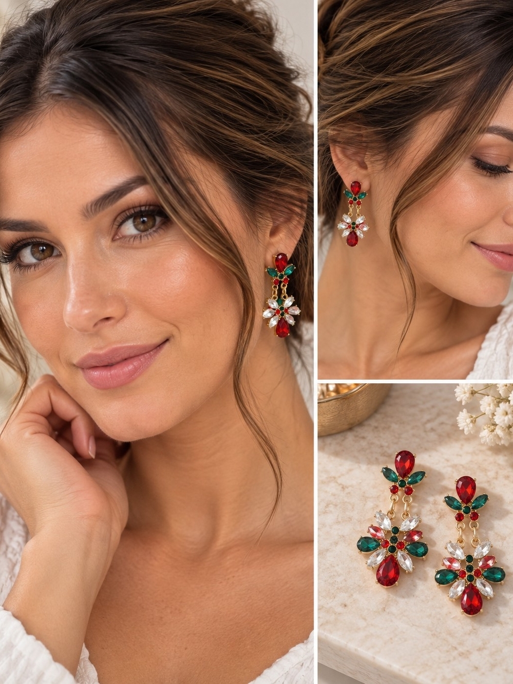 Multicolor Floral Rhinestone Dangle Earrings For Holiday Christmas Party